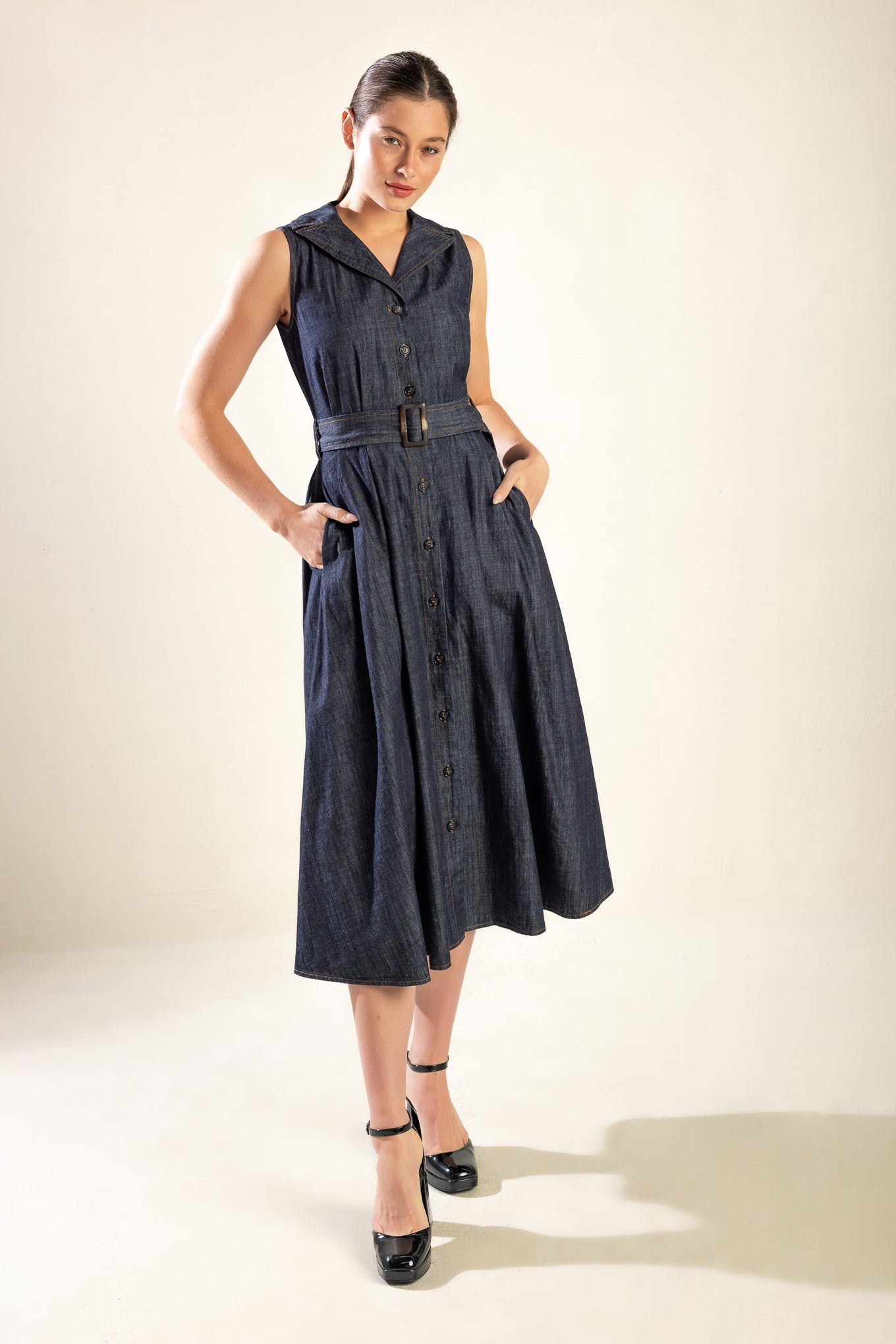 OASIS OF CALM RIGID DENIM MIDI DRESS Flying Tomato